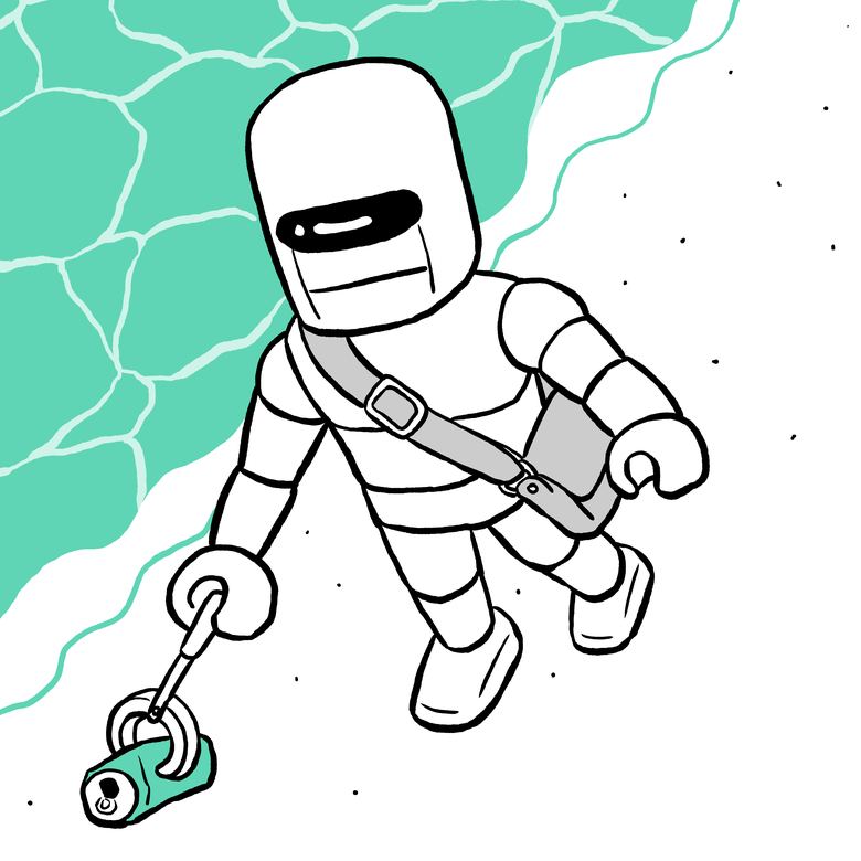 浜辺で落ちているものを拾う管理人ロボット
